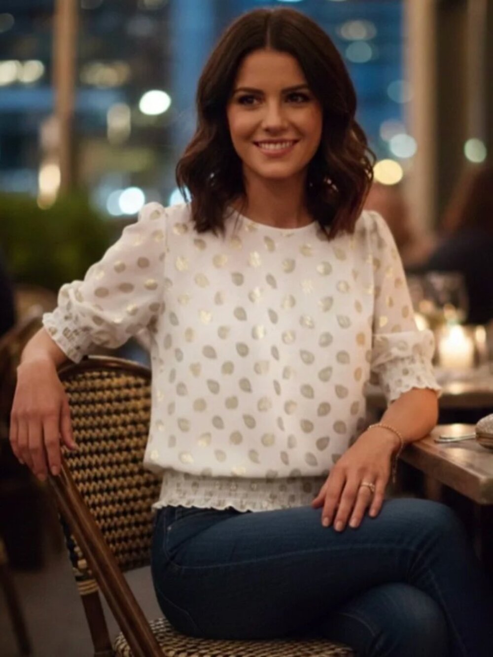 MICHAEL KORS Cream Blouse with Gold Leaf Print Smocked Waist Top